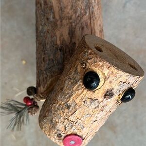 Rustic Reindeer Log Ornament with Black and Red Accents